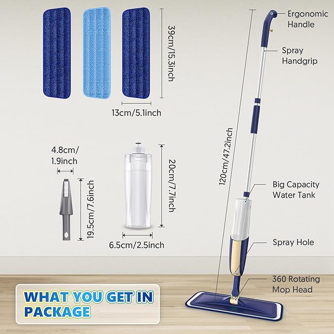 Spray Mops for Hardwood Floor Cleaning - MEXERRIS Wet Mops Dry Dust Mop with 3 Washable Mopping Pads- Flat Mop with Sprayer Home Commercial Mops for Wood Laminate Tile Vinyl Cement Concrete