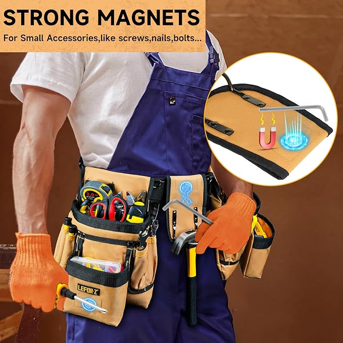 Tool Belt,Magnetic Tool Pouch,27-Pockets Heavy Duty Tool Belts for Men with 4 D-Rings,Detachable Tool Pouch Bag for Electrician,Carpenter,Construction,Utility Belt,Valentines Day Gifts for Men,Brown