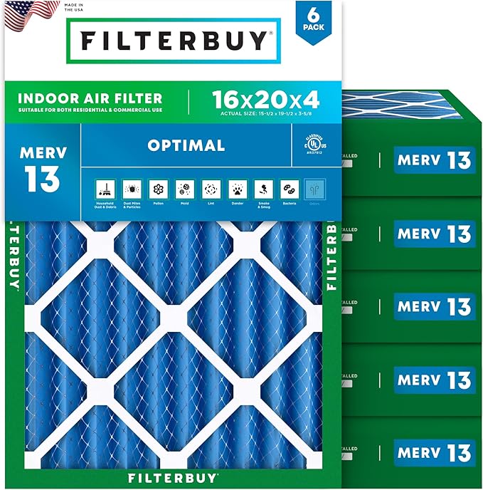 Filterbuy 16x20x4 Air Filter MERV 13 Optimal Smoke & Allergy Defense (6-Pack), Electrostatic Pleated HVAC AC Furnace Filters Replacement, Made in USA (Actual Size: 15.50 x 19.50 x 3.63)