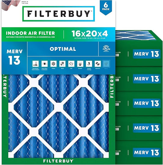 Filterbuy 16x20x4 Air Filter MERV 13 Optimal Smoke & Allergy Defense (6-Pack), Electrostatic Pleated HVAC AC Furnace Filters Replacement, Made in USA (Actual Size: 15.50 x 19.50 x 3.63)