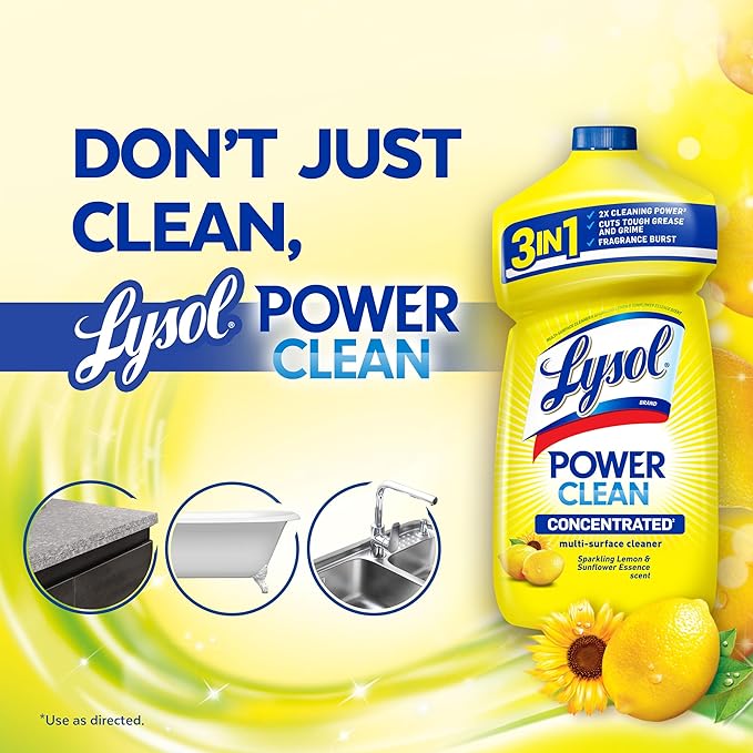 Lysol Power Clean Multi-Surface Cleaner, 2x Concentrated Pour, Sparkling Lemon & Sunflower Essence scent, 48 Fl Oz