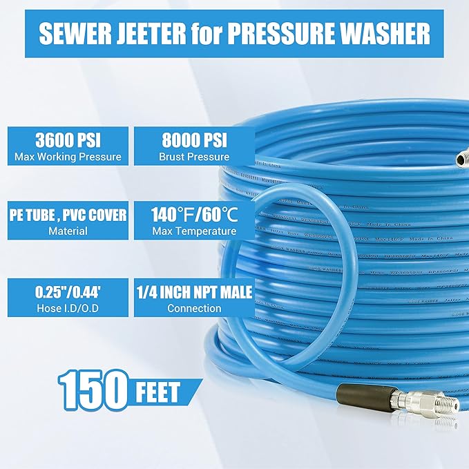RIDGE WASHER Sewer Jetter Kit for Pressure Washer 150FT, 3600 PSI Drain Cleaning Hose with Short Power Washer Gun, 1/4 Inch NPT Corner, Rotating and Button Nose Sewer Jetting Nozzle