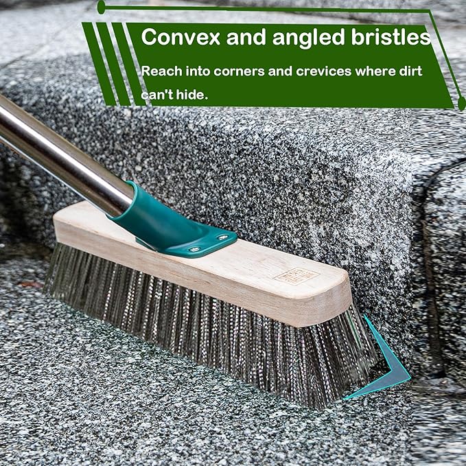 Stainless Steel Wire Brush with Long Handle Deck Broom Brush Floor Scrubber Brush for Cleaning Outdoor Broom for Moss, Tough Stains on Concrete, Grout, Garden, Garage, Patio, Swimming Pool
