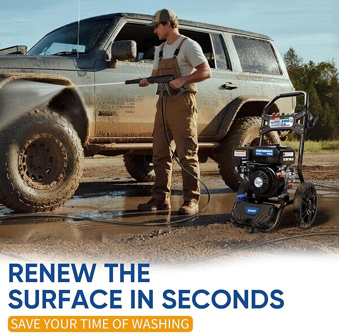 TOOLCY 3400 PSI Gas Pressure Washer, High-Performance 212cc OHV Engine, Reinforced Pump. Onboard Soap Tank, 30FT Hose, Spray Gun & 5 Nozzles, Max 2.8 GPM, Cars Homes Patios Fences Driveways