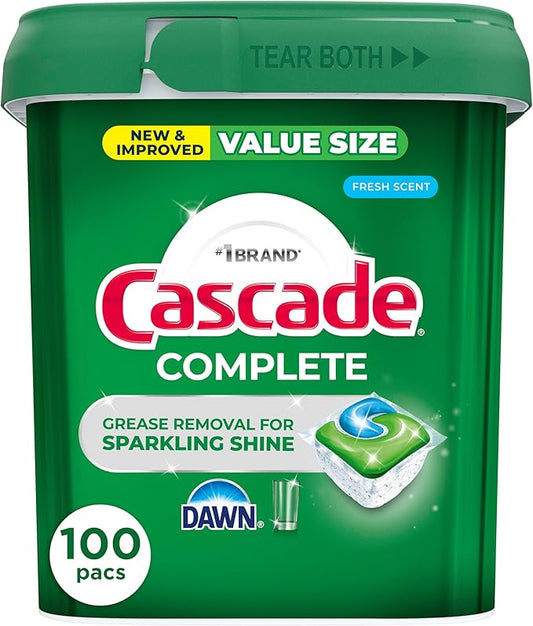 Cascade Complete Dishwasher Detergent Pods Fresh Scent Value Pack, Powerful Dishwasher Pods for Sparkling Clean Dishes, Grease-Fighting Dishwashing Detergent Tablets, 100 Count