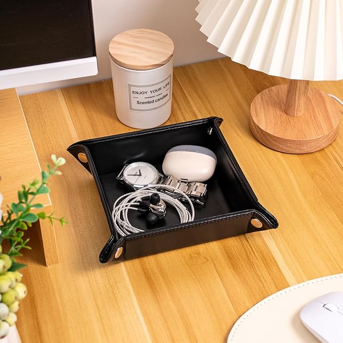 Valet Tray for Men PU Leather Tray Organizer with Partition, Storage Keys, Watch & Practical Storage for Table Nightstand Living Room Bedroom (Black-Square)