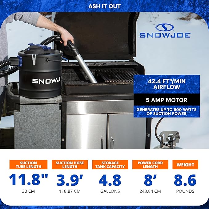 Snow Joe Bagless Ash Vacuum Cleaner Machine, Metal Canister with Hose and Filter, 4.8 Gallon, 5-Amp Motor - Vacuuming and Cleaning Equipment for Home, Garage and Outdoor Spaces, ASHJ202E