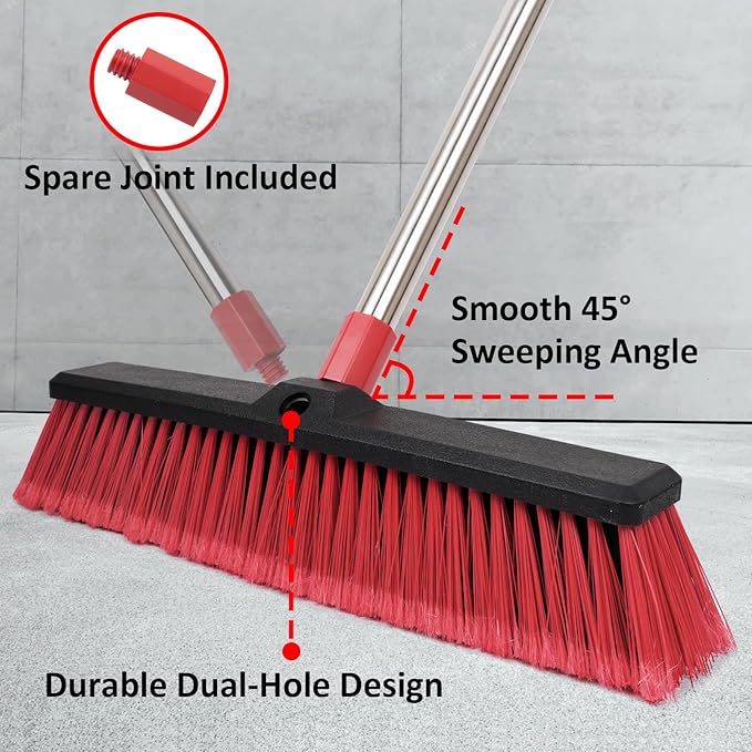 18” Push Broom with 70” Adjustable Handle - Heavy Duty Outdoor Broom for Shop, Garage, Patio, Driveway, Yard & Deck Cleaning