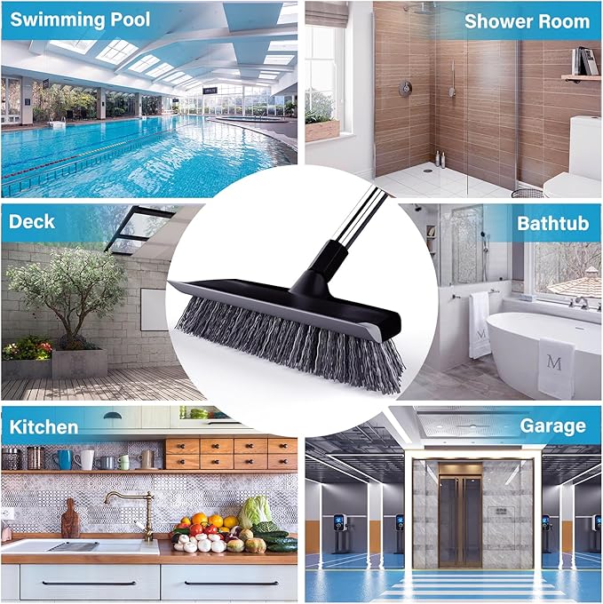 ITTAR Floor Scrub Brush with 55" Long Handle, 10" Wide Stiff Bristles Deck Brush, Stainsless Steel Pole Heavy-Duty Cleaning Brush, 2-in-1 Scrubber with Ruber Squeegee for Deck, Patio, Pool, Tile, Wall