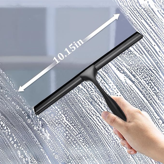 10-Inch Shower Squeegee for Glass Doors, Stainless Steel Shower Squeegee with Shower Door Hook & Adhesive Hook, Multi-Purpose Bathroom Squeegee for Glass, Door, Mirror and Window (Black)