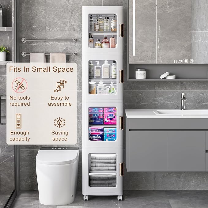 VECELO 4-Tier Tall Narrow Storage Cabinet with Movable Wheels, Adjustable Shelves, Anti-Tip, Slim, for Small Space, Bathroom, Kitchen, Laundry, White