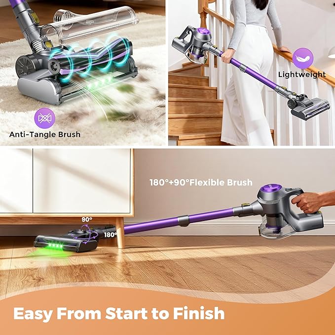Cordless Vacuum Cleaner, 40Kpa Powerful Suction Stick Vacuum Cleaners for Home, 45 Mins Runtime, 1.6L Dust Box, Anti-Tangle, 8-in-1 Rechargeable Vacuum for Hardwood Floor,Carpet,Pet Hair (Purple)