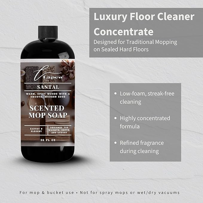 Luxury Floor Cleaner, Scented Mop Soap Concentrate | Hard Floor Cleaner for Tile, Vinyl, Laminate, LVP & Sealed Hardwood | Low-Foam, Streak-Free | 36 oz | Santal
