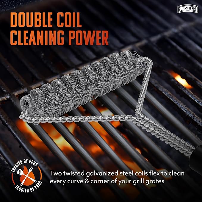 Brushtech Double Helix Grill Brush, 16″ Flat BBQ Grill Cleaner - Bristle‑Free Coil Springs Clean Tops & Sides - Stainless Steel, Long Reach Handle, Heavy‑Duty BBQ Tool for Gas & Charcoal Grates