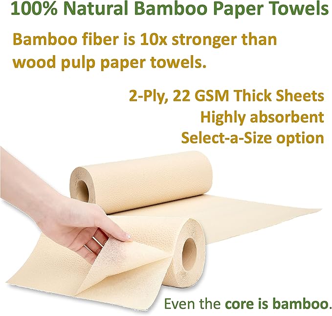 100% Bamboo Paper Towels, Tree-Free, Chemical-Free, Lint-Free, Durable, Absorbent, Select-a-Size 2-Ply, 90 Sheets Per Roll. (PT 6 Rolls)