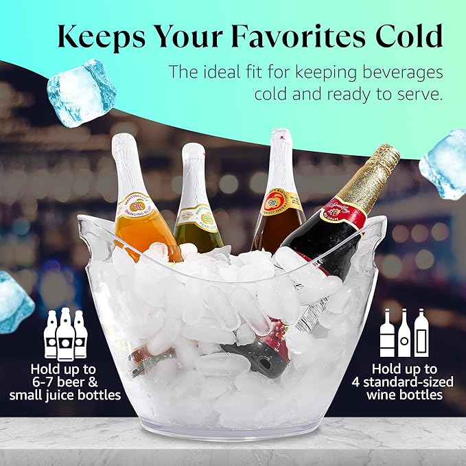 Large Ice Bucket for Parties, 8L Drink Bin, Clear Champagne Bucket, Mimosa Bar Supplies, Wine Bucket Chiller for Parties, Party Beverage Tub, Holds 2-4 Standard Sized Wine or Champagne bottles on ice.