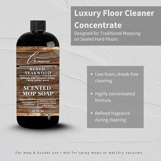 Luxury Floor Cleaner, Scented Mop Soap Concentrate | Hard Floor Cleaner for Tile, Vinyl, Laminate, LVP & Sealed Hardwood | Low-Foam, Streak-Free | 36 oz | Rustic Teakwood