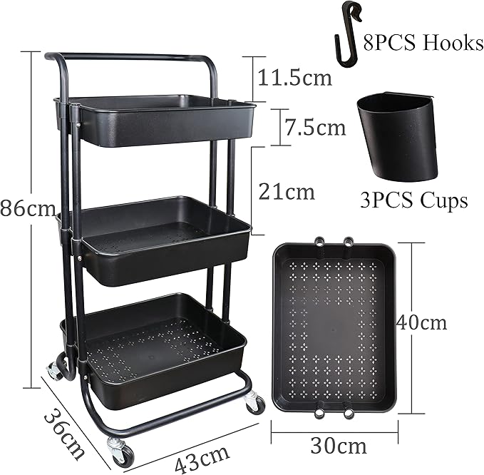 3 Tier Utility Rolling Cart Multifunction Organizer Shelf Storage Cart with Handle and Lockable Wheels for Home Kitchen Bathroom Laundry Room Office Store etc. (Black)