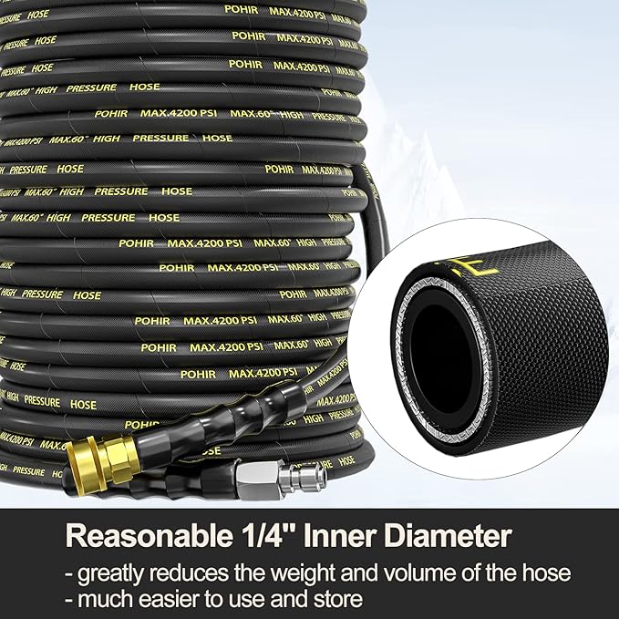 POHIR Pressure Washer Hose 150 FT with 3/8'' Quick Connect, High Tensile Wire Braided Power Washer Hose with 2 Quick Connect Kits, Compatible M22 14mm, Hose for Pressure Washer, 4200 PSI