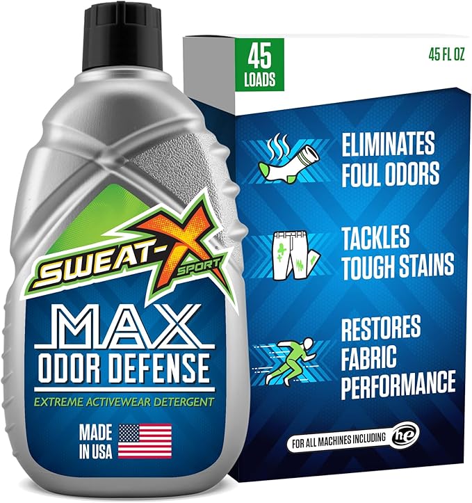 SWEAT X Max Odor Defense Laundry Detergent Liquid - Natural Washing Detergent for Activewear & Gym Clothes - Laundry Detergent for Sensitive Skin - Concentrated Detergent, 45 Loads (1 Bottle)