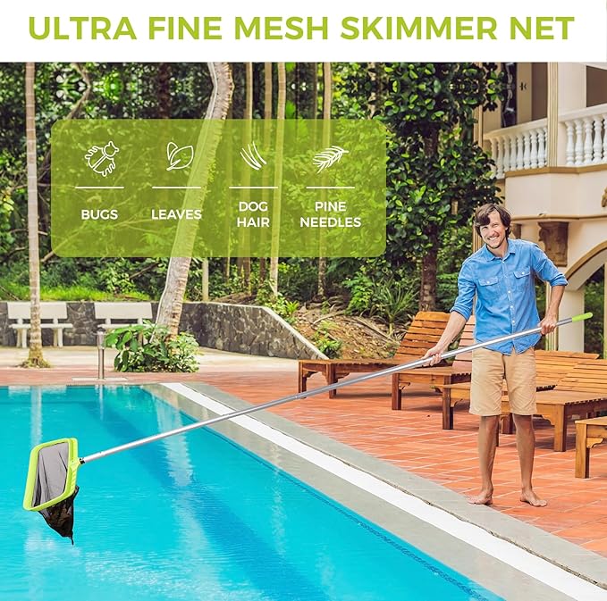 BoxedHome Swimming Pool Cleaning Kit with 10.5Ft Adjustable Aluminum Pole, 17.5" Rounded End Pool Brush Head & Deep Skimmer Net/Basket for Inground & Above Ground Pool