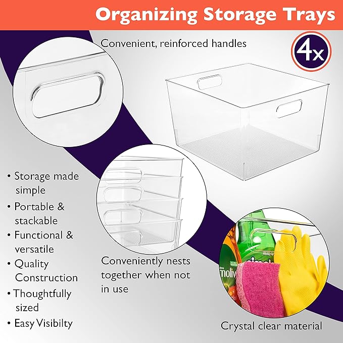 ClearSpace Clear Plastic Storage Bins – XL 4 Pack Perfect for Kitchen,Fridge, Pantry Organization, Cabinet Organizers