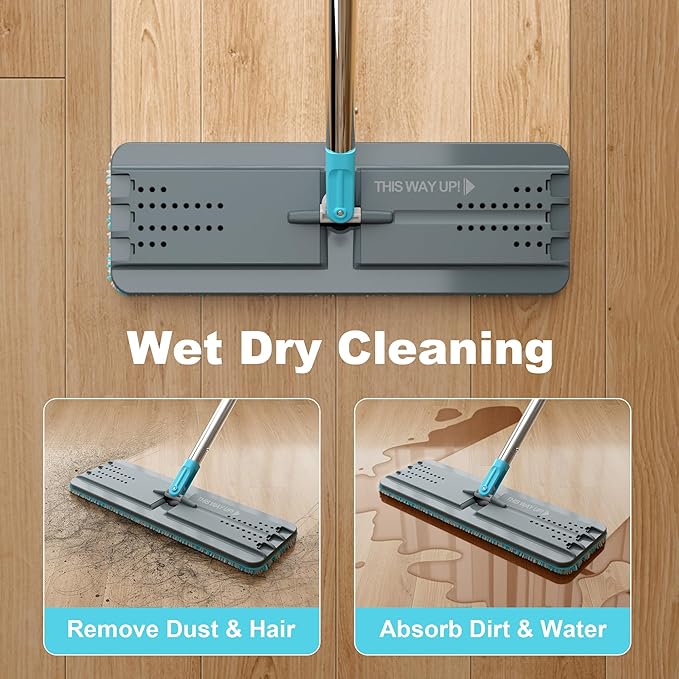 JOYMOOP Microfiber Mop Pads Replacement for JOYMOOP Flat Mop Bucket Set, Pack of 4 Refills 13-inch - Grey & Cyan Blue