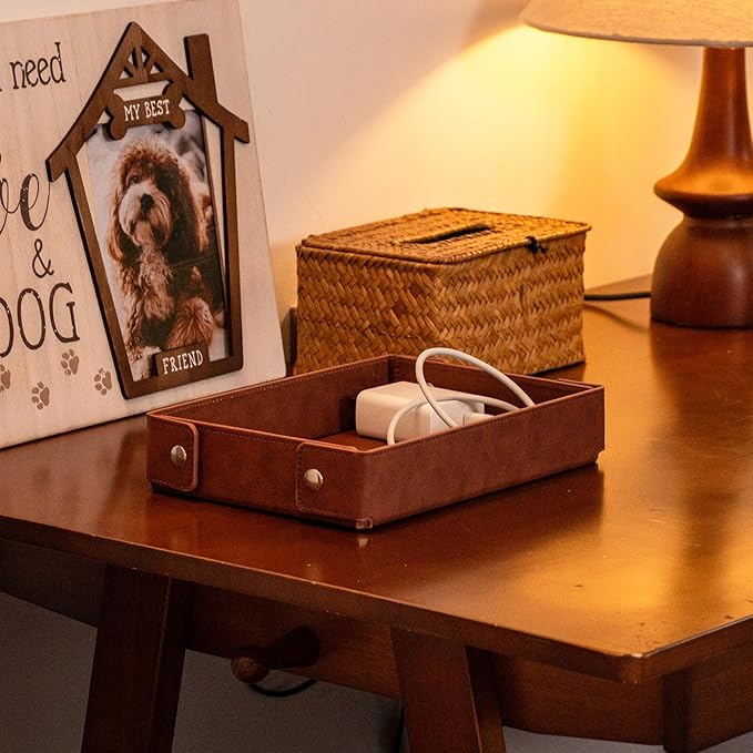 BONNY DODO Valet Tray for Men PU Leather Tray Organizer with Partition, Storage Keys, Watch & Practical Storage for Table Nightstand Living Room Bedroom (Dark Brown2)