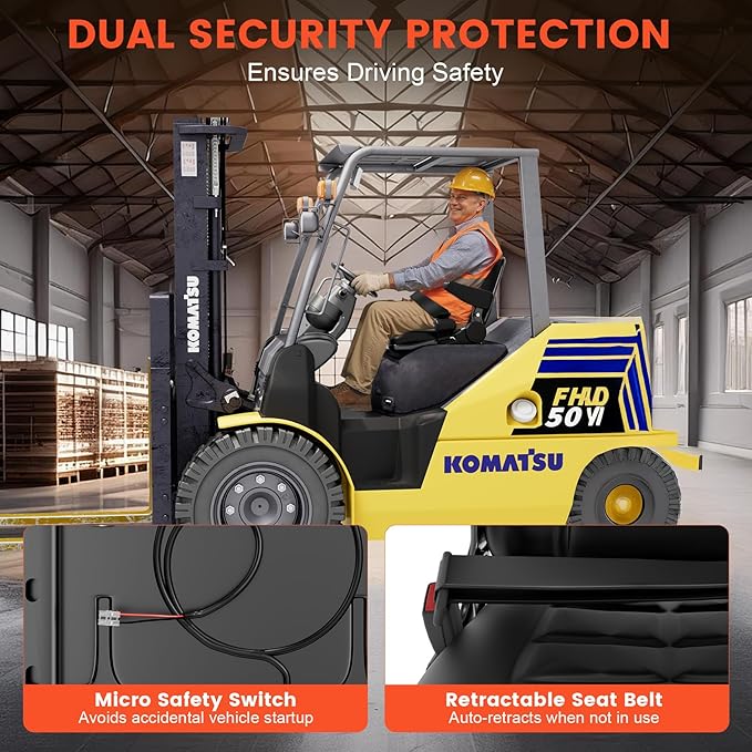 Universal Forklift Seat with Cover, Tractor Seat with Safety Belt, Adjustable Back and Armrest, Operator Safe Switch for Tractor, Mower, Excavator, Skid Loader, Dozer, Telehandler