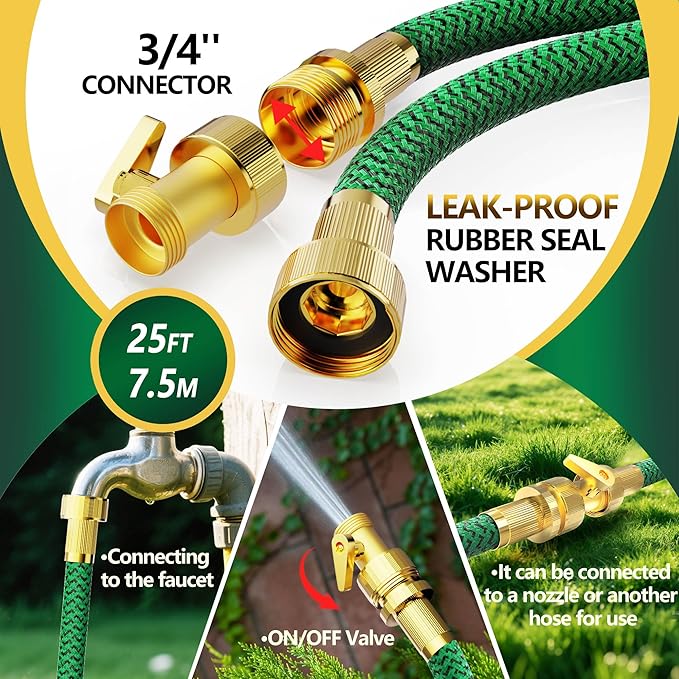Non-Expandable Garden Hose 25ft, Flexible Water Hose with High-Density Fabric & Leak-Proof Metal Interface, Kink Resistant Wearproof Water Pipe for Gardening, Car Wash, Lawn, Yard