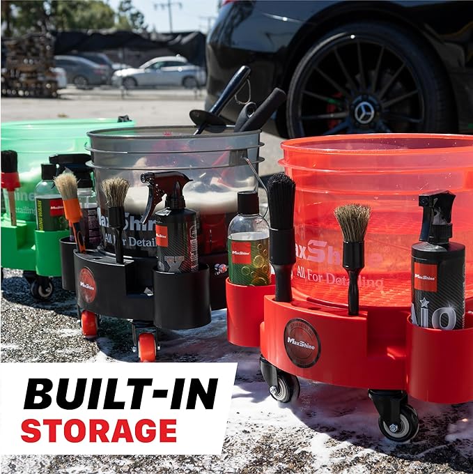 Maxshine Universal Rolling Bucket Dolly (Black) – Heavy-Duty Polypropylene with 5 Swivel Wheels, 5 Bottle & Brush Holders – Secure Fit, Spill-Free Design for Car Wash & Auto Detailing Organization