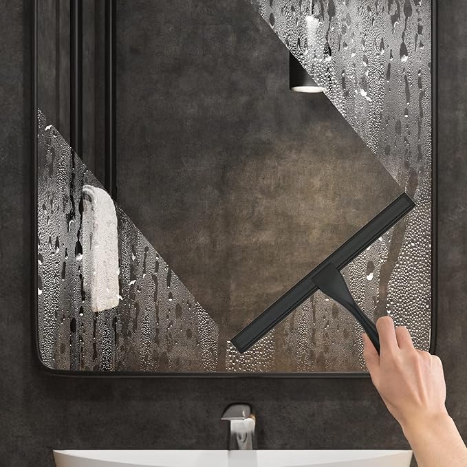 All-Purpose Stainless Steel Shower Squeegee for Shower Glass Door with Adhesive Hook, Bathroom Cleaner Tool Household Window Mirror Squeegee for Glass Doors, Cleaning Tile Wall, Car, 12 inch, Black