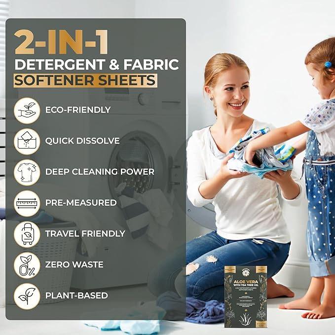 Natural Laundry Detergent Sheets & Fabric Softener | Eco-Friendly|Fragrance-Free & Hypoallergenic Up to 100 Loads | Aloe Vera & Pure Tea Tree Oil | Plant-Based, Biodegradable, Enzyme Powered,Baby Safe