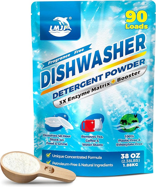 Dishwasher Detergent Powder + Booster, 90 Loads | Plastic-Free, Natural & Eco-Friendly Dishwasher Soap, Concentrated Plant-Based Enzymes - Cuts Grease & Grime, No Water Spots (Fragrance-Free)
