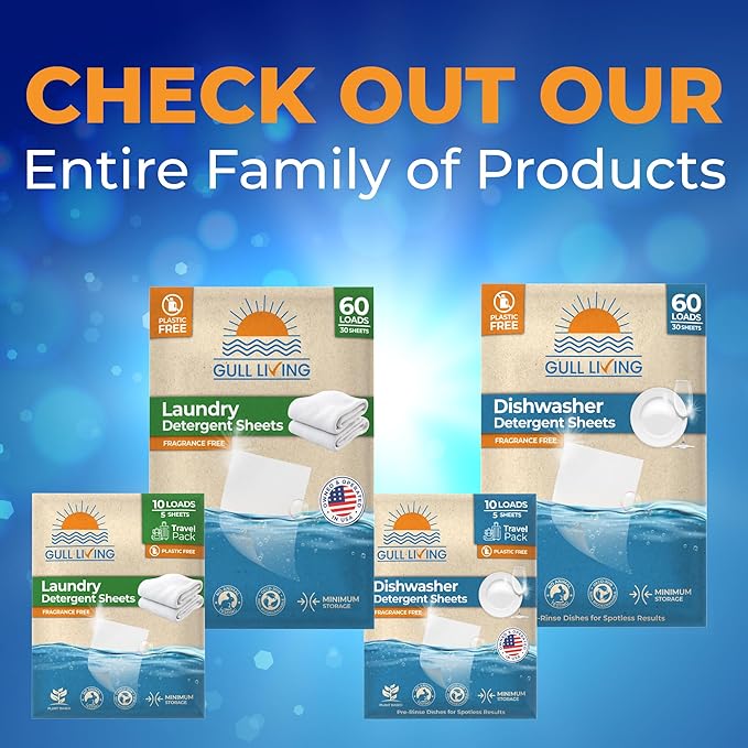 Gull living Eco-Friendly Dishwasher Detergent Sheets - Natural Dishwashing Detergent - Plant Based Dishwasher Soap Sheets - Unscented & Plastic Free Travel Size 60 Loads with sustainable Packaging.