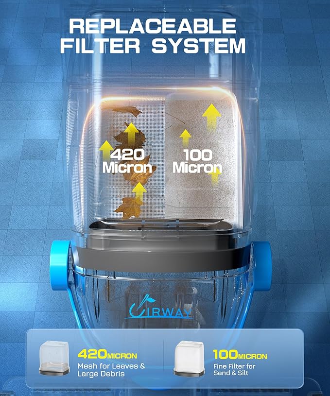 UIRWAY Cordless Pool Vacuum for Above Ground Pools, Upgraded 26.5 GPM Powerful Suction, IPX8 Handheld Rechargeable Pool Cleaner 2 Vacuum Heads & 4 Filter Bags, 1H Runtime, Portable for Inground Pools