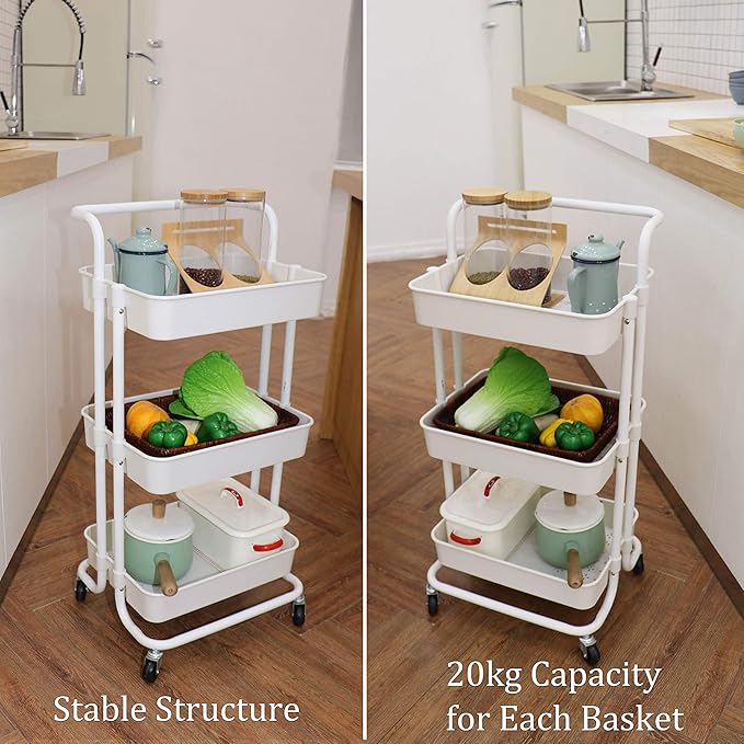 3 Tier Utility Rolling Cart Multifunction Organizer Shelf Storage Cart with 3 Pieces Cups and 8 Pieces Hooks for Home Kitchen Bathroom Laundry Room Office Store etc. (White)