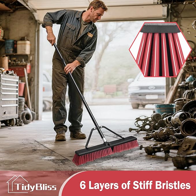 24” Push Broom Outdoor Heavy Duty 2 Pack, Large Commercial Stiff Bristle Brush with 63 inches Long Handle for Garage Shop Garden Yard Patio Deck Street Warehouse Lawn Driveway (Red)