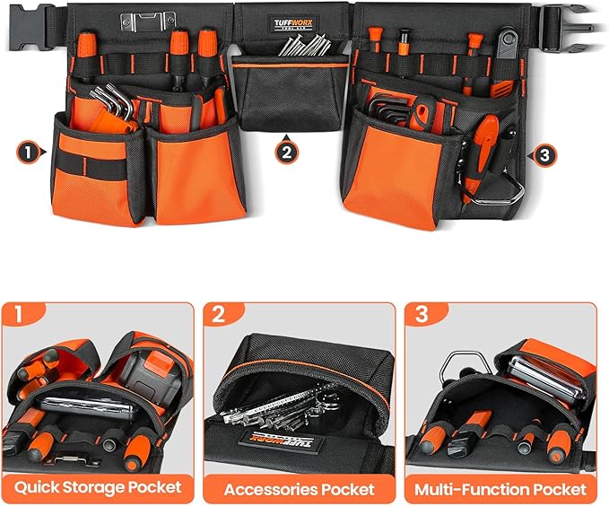 Tool Belt with Multiple Pockets, Heavy Duty Construction Pouch, Black and Orange