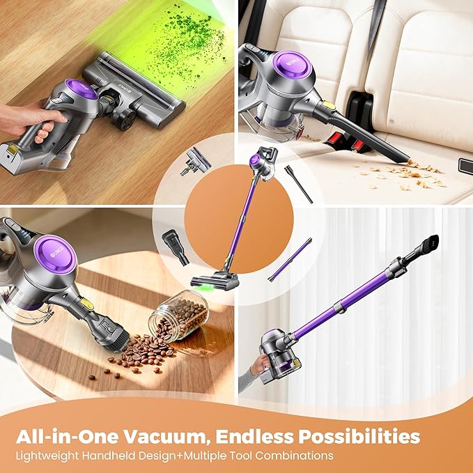 Cordless Vacuum Cleaner, 40Kpa Powerful Suction Stick Vacuum Cleaners for Home, 45 Mins Runtime, 1.6L Dust Box, Anti-Tangle, 8-in-1 Rechargeable Vacuum for Hardwood Floor,Carpet,Pet Hair (Purple)