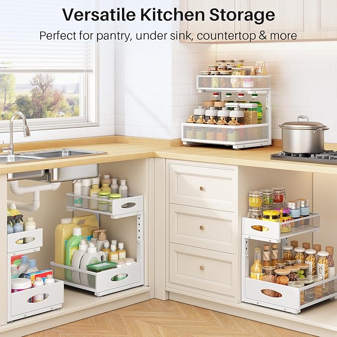 Under Sink Organizer, 2 Pack 2 Tier Pull Out Under Cabinet Organizer Shelf with Pad for Framed Cabinets, Metal Slide Out Under Sink Storage, Mesh Sliding Drawers for Kitchen Bathroom Laundry, White