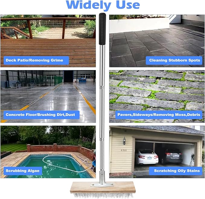 Floor Scrub Brush, Deck Brushes for Scrubbing Heavy Duty, Concrete Scrubber Outdoor Broom, Metal Wire Pool Brush Stainless Steel, Garage Patio Gunite Tile Algae Moss Cleaning Tool Long Handle