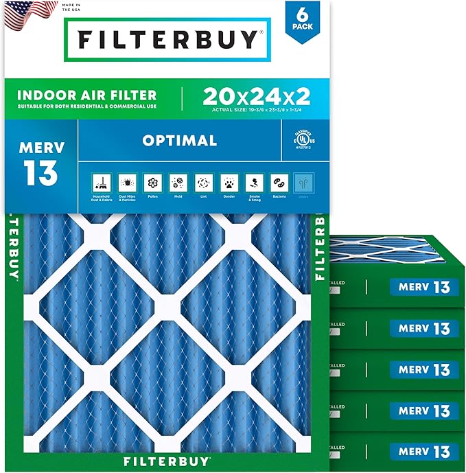 Filterbuy 20x24x2 Air Filter MERV 13 Optimal Smoke & Allergy Defense (6-Pack), Electrostatic Pleated HVAC AC Furnace Filters Replacement, Made in USA (Actual Size: 19.38 x 23.38 x 1.75)