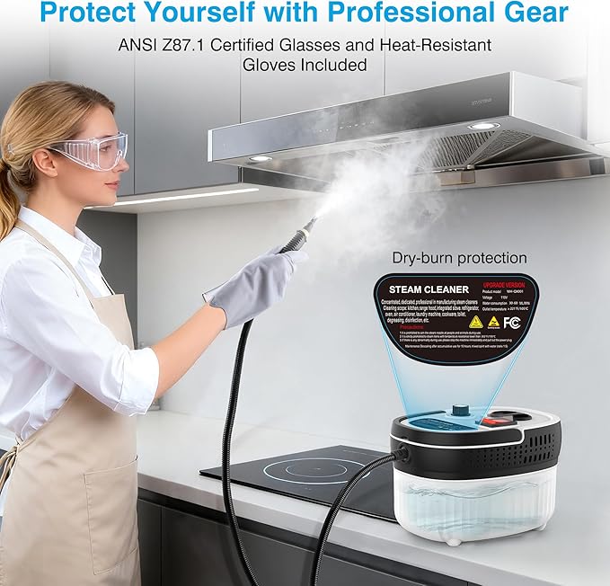 Steam Cleaner Handheld with 3m Long Steam Hose, 2500W & Infinite Adjustment High Pressure Portable Steam Cleaner, ANSI Z87.1 Safety Goggles for Car Cleaning, Home, Tile, Grout, Floor