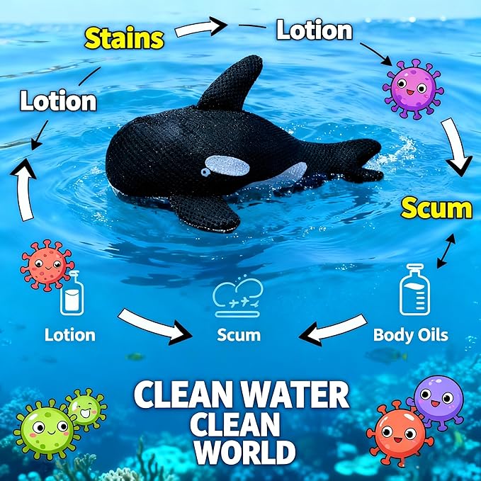 Fuovt Orca Whale Hot Tub Scum Absorber - 3D Mesh Scum Sponge for Hot Tub, Multi-Functional with Rope & Suction Cup, Machine Washable Hot Tub Cleaning Tool for Indoor Outdoor Swimming Pools & Spas