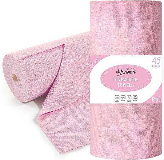 HONOVA Microfiber Cleaning Cloth Roll 45 Pack, 12''×12" Reusable Paper Towels, Tear Away Microfiber Towels, Highly Absorbent, All-Purpose Washable Cleaning Rags for Kitchen, Window, Car, Shop (Pink)
