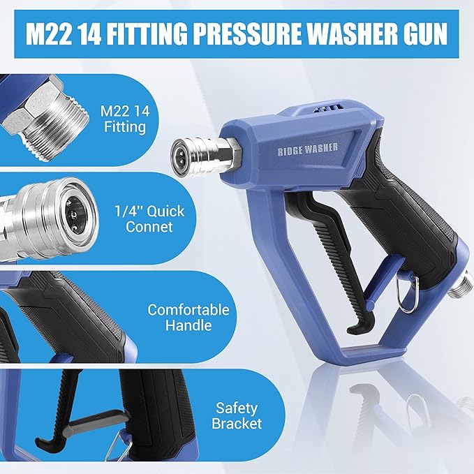 RIDGE WASHER Sewer Jetter Kit for Pressure Washer 50FT, 3600 PSI Drain Cleaning Hose with Short Pressure Washer Gun, 1/4 Inch NPT Corner, Rotating and Button Nose Sewer Jetting Nozzle