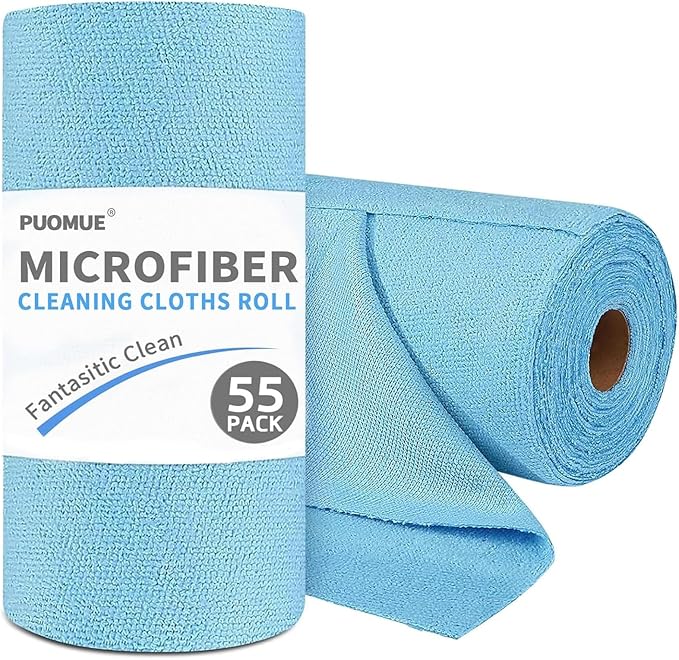 55 Pack Microfiber Cleaning Cloth Roll, Tear Away Reusable Towels, 11" X 9", Ultra Absorbent & Lint Free Microfiber Cloth for Cleaning Cars, Kitchen, Window, Home and Shop, Blue