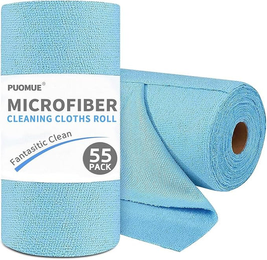 55 Pack Microfiber Cleaning Cloth Roll, Tear Away Reusable Towels, 11" X 9", Ultra Absorbent & Lint Free Microfiber Cloth for Cleaning Cars, Kitchen, Window, Home and Shop, Blue
