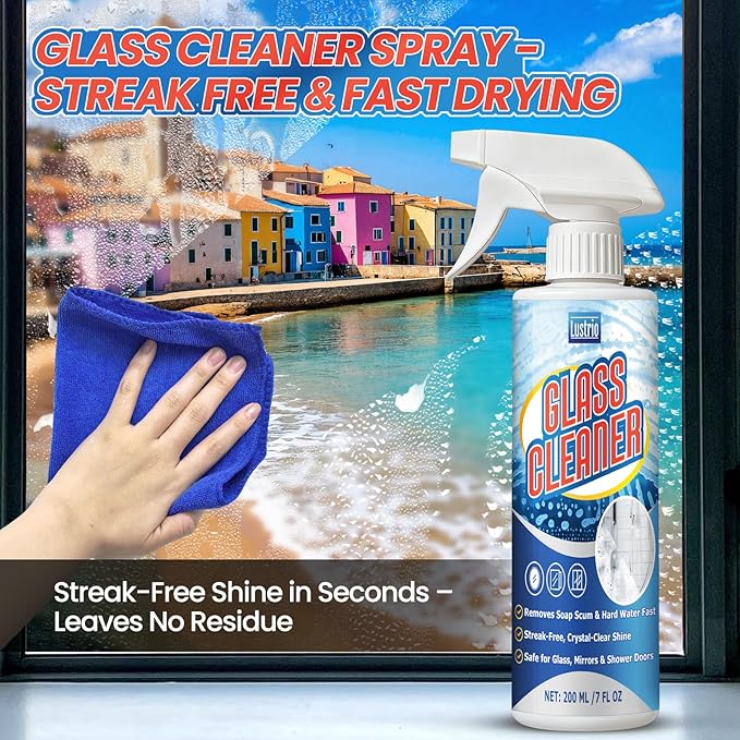 Glass Cleaner Spray 200ml (7oz) with Microfiber Towel - Streak Free for Windows, Mirrors & Shower Doors - No Residue, Fast Drying, Multi-Surface Safe